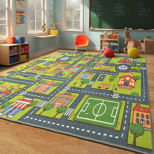 Merelax 5x8 Kids Car Rug Grey Green Area Rugs for Living Room Playroom Classroom Bedroom, Large Non Slip Kids Play mat Washable Rug, Educational City Traffic Road Map Fun Car Carpet for Ages 3-12