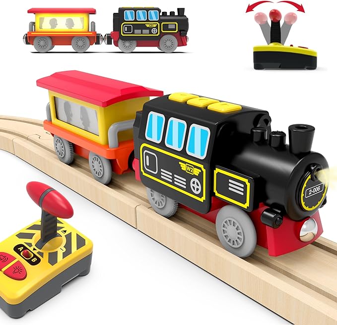 Remote Control Locomotive Train with Tunnel for Wooden Tracks, Motorized Train Toy Compatible for Thomas, Brio, Chuggington