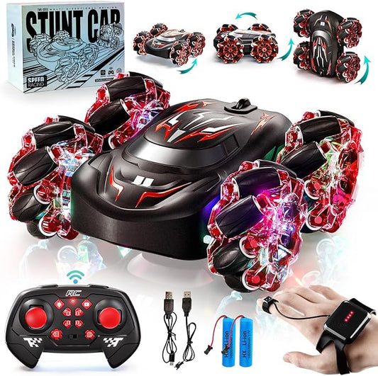Gesture Sensing RC Stunt Car with LED Lights, Double-Sided Flips Driving 360° Rotating, Sidesway, 2.4GHz 4WD Hand Controlled Remote Control Car for Boy 4-7, 8-12, Birthday Gift for Kids (Red)