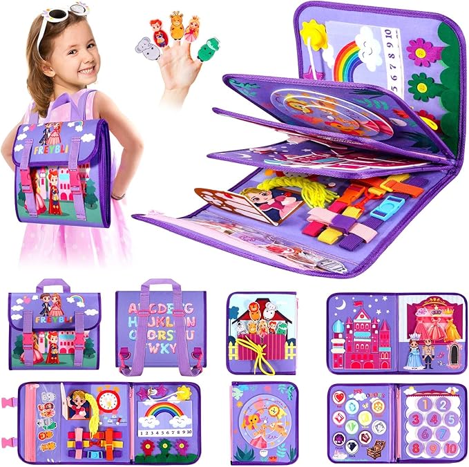 Purple Montessori Busy Board Book for Toddlers 1-3, Montessori Toys for 1-3 Year Old Girl Birthday Gift, Educational Quiet Activity Books for toddlers 2-4 Ages 2-4 Travel Toys for Airplane Car