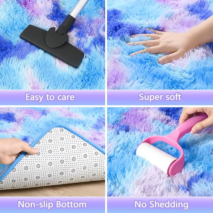 AROGAN 2x6 Feet Soft Runner Rugs for Bedroom Plush Fluffy Rug, Shag Furry Area Rug Carpet Non Shedding for Nursery Children Kids Girls Room Home Hallways Decorative, Blue and Purple