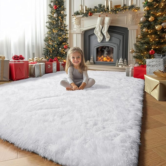 White Area Rugs for Bedroom Living Room, Fluffy Shag Rug 5x8 for Kids Room Decor, Modern Furry Plush Rugs for Baby Nursery, Teen Girls Boys, Cute Fuzzy White Fur Carpet for Dorm, Home Office, Playroom