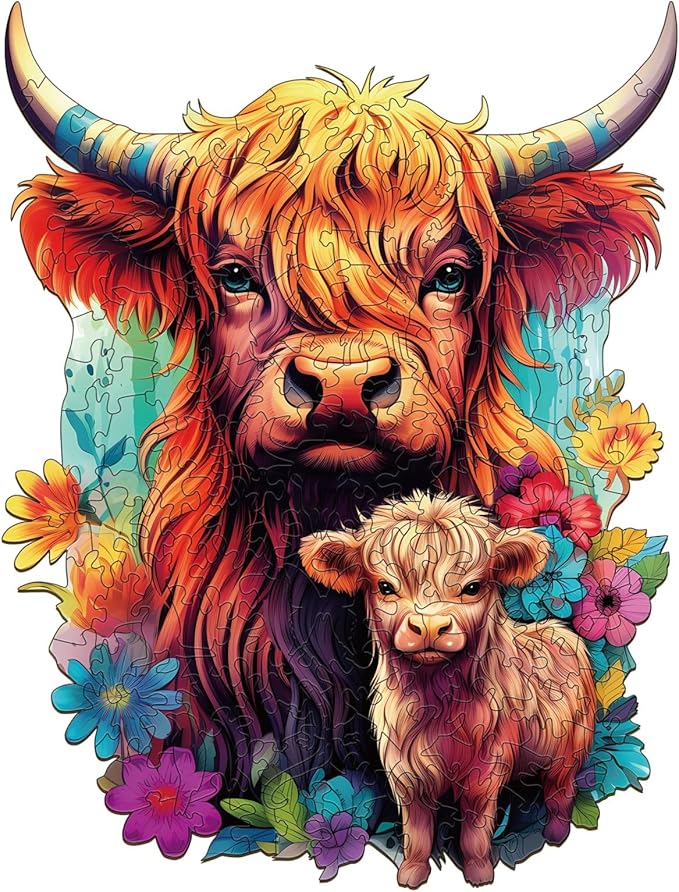 WOODBESTS Wooden Puzzle for Adults, Highland Cattle Family Puzzle (M, 170pcs, 9.2"x11.4") Beautiful Wooden Box, Wooden Jigsaw Puzzles Unique Shape, Birthday Gifts for Adults and Kids Family Game