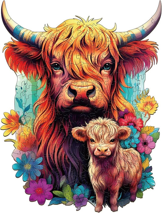 WOODBESTS Wooden Puzzle for Adults, Highland Cattle Family Puzzle (M, 170pcs, 9.2"x11.4") Beautiful Wooden Box, Wooden Jigsaw Puzzles Unique Shape, Birthday Gifts for Adults and Kids Family Game