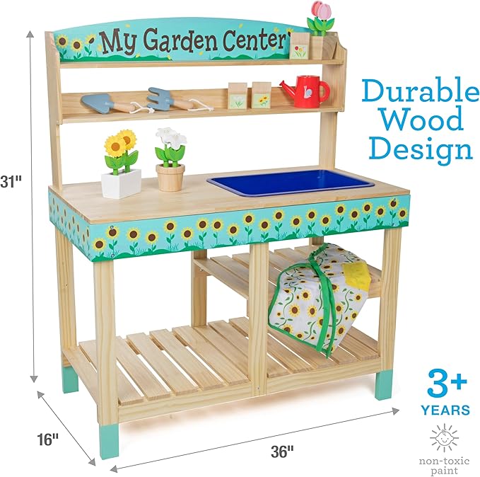Svan Wooden Toy Gardening Center Indoor Playset - 22 Pc Garden Stand Set w Flowers, Seed Packets, Pots, Shovel Rake Apron Watering Pot- Great Interactive & Fun Pretend Playtime, Gift for Boys Girls