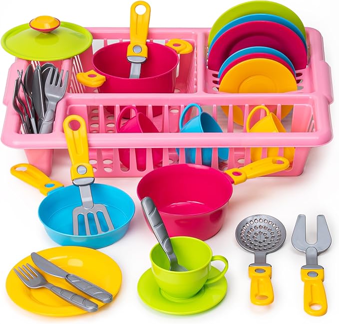 Play Dishes for Kids Kitchen | Pretend Play Kitchen Dishes Set with Drainer | Pretend Dishes Cookware Set | Fun and Colorful Toy Dishes Kit | Childrens Durable Tableware Playset (33 Pcs - Pink)