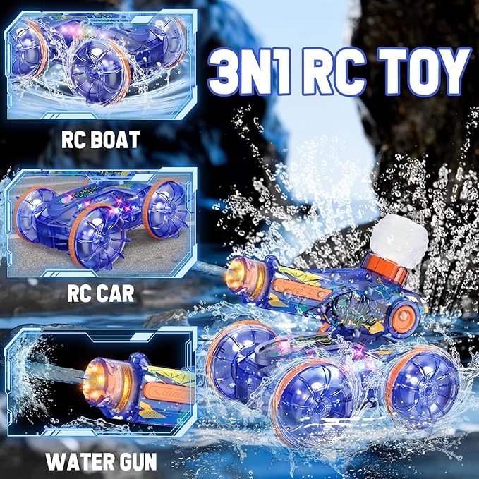 Amphibious Remote Control Car Toys - RC Stunt Car with Water Gun for Boys and Girls Age 8-12 | Remote Control Boat for Kids | Water & Land 4WD with Gesture Sensing, Lights, Waterproof, Rotation, Blue