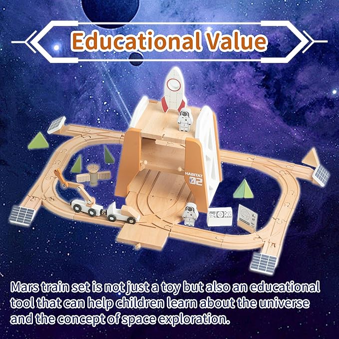 Wooden Space Train Set, Mars Station Wood Train Track Set 39pcs, Train Toy with Astronaut and Rocket for Kids 36m+