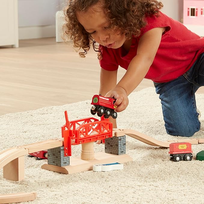 Melissa & Doug Swivel Bridge Wooden Train Set (47 pcs) - Wooden Train Set For Kids Ages 3+