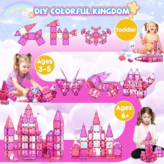 Magnetic Tiles, 101PCS Magnetic Blocks with Cars, Princess Magnet Building Tiles Construction Sets, Castle Magnet Blocks STEM Toys for Girls Kids Toddlers Ages 3 4 5 6 7 8 9+ Year Old