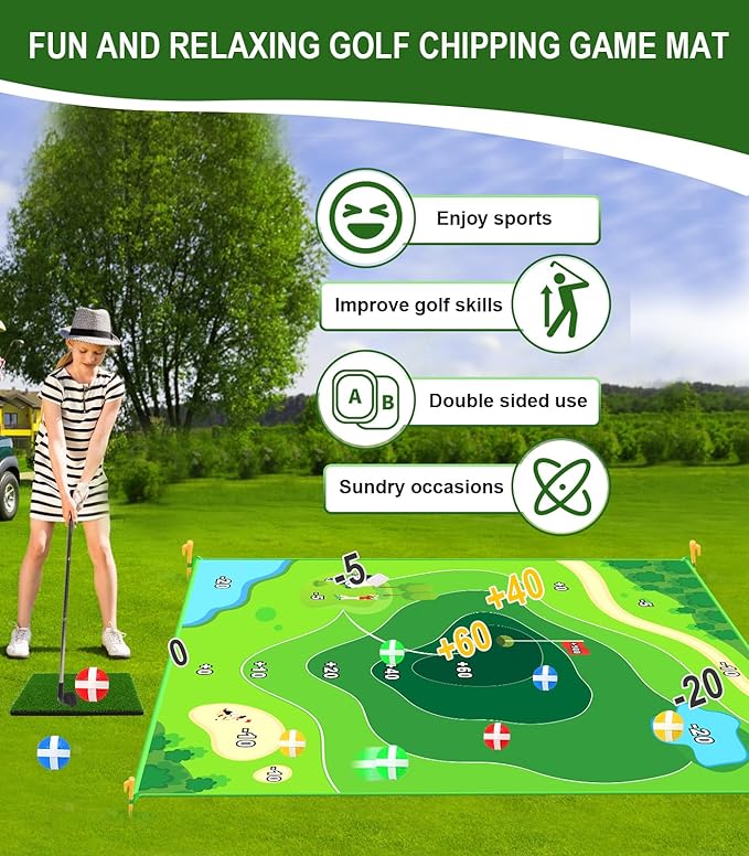 Golf Game: 70"x 70" Plus Size Double Sided Hitting Mat, Ideal Gifts for Kids Adults, 20 Sticky Balls & 10 Darts for Indoor or Backyard Battle Chipping