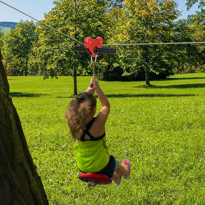 EDOSTORY 98 Feet Backyard Zip Line Kit for Kids and Adult Up Outdoor to 330lb with Stainless Steel Ziplines Spring Brake and Safety Harness, Christmas and Birthday Gifts for Kids(Red)