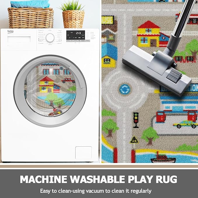 Capslpad Kids Rug for Playroom 3'3" x 5'2" Educational Learning Kid Play Area Rug Large Traffic Road Cars Play Mat for Kids Toy Nursery Rug Carpet for Living Room Home Decor, Tan