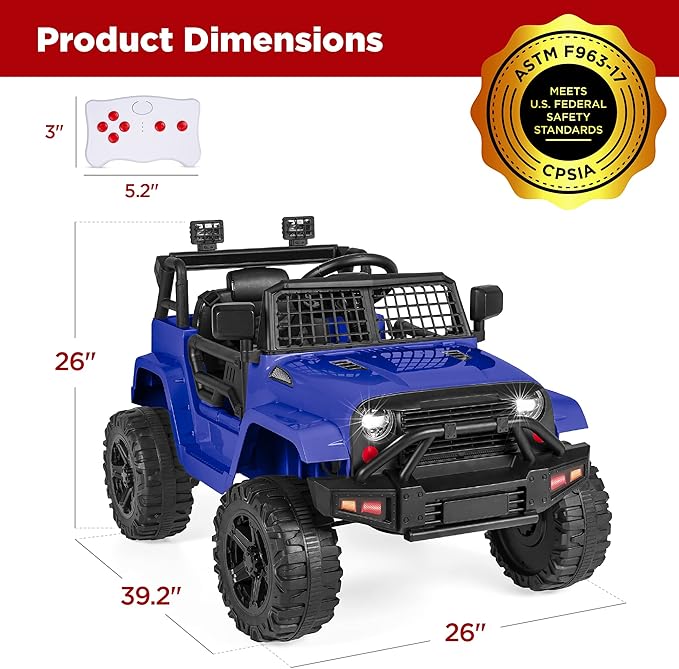 Best Choice Products 12V Kids Ride On Truck Car w/Parent Remote Control, Spring Suspension, LED Lights, AUX Port - Blue