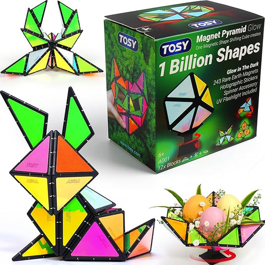 TOSY Magnet Pyramid Glow - 1 Cube Transforms into 1 Billion Shapes, 12 Pieces, 243 Rare Earth Magnets, Glowing, Holographic Design Magnet Tiles Creative Puzzle STEAM Toy
