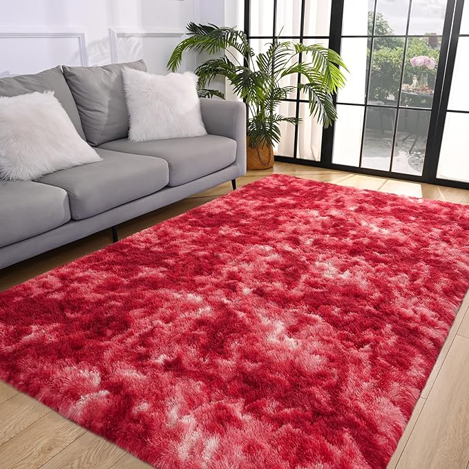 Pettop Large Shag Area Rug, 6x9 Tie-Dyed Plush Fuzzy Rugs for Living Room, Ultra Soft Shaggy Rugs for Bedroom, Non-Slip and Washable Indoor Carpet for Girls Kids Room Home Decor, Burgundy Red