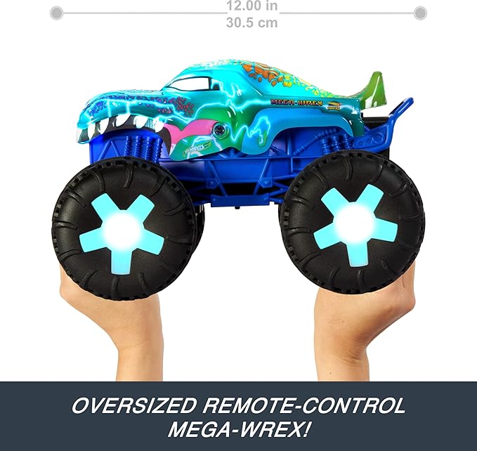 Hot Wheels Toy Truck Monster Trucks RC, Oversized Remote-Control Mega-Wrex Alive in 1:15 Scale, 3 Modes of Play with Interactive Lights & Sounds