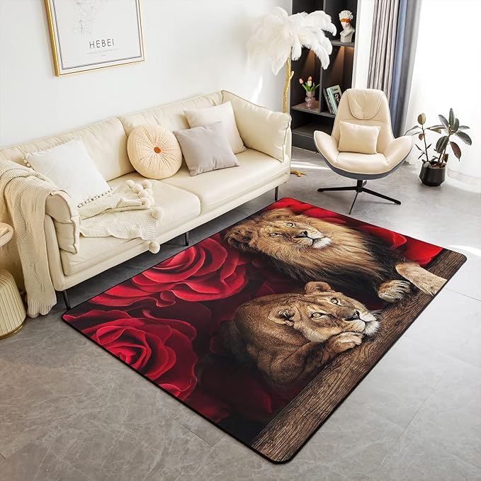 Erosebridal Rose Flower Area Rug 5x6'6'', Animal Lion Print Rug for Kids Teen Boys Girls, Floral Non Shedding Carpet for Bedroom, Modern Style Living Room Rugs