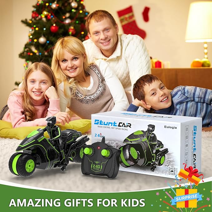 Eulogia Remote Control Motorcycle, 360° Spinning Wheel RC Stunt Motocross Toys, High Speed Riding Model with Rechargeable Battery, Drift Motorbikes for Kids, Gift for Boys & Girls Ages 5+