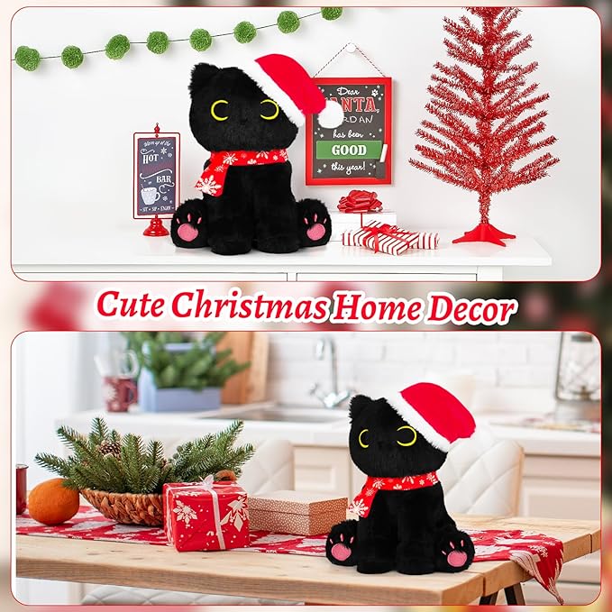 Black Cat Plush, 9In Christmas Plush Black Cat Stuffed Animals Toy for Kids, Cute Stuffed Cat Plushies Toy for Girls Boys, Kawaii Kitten for Boys and Girls