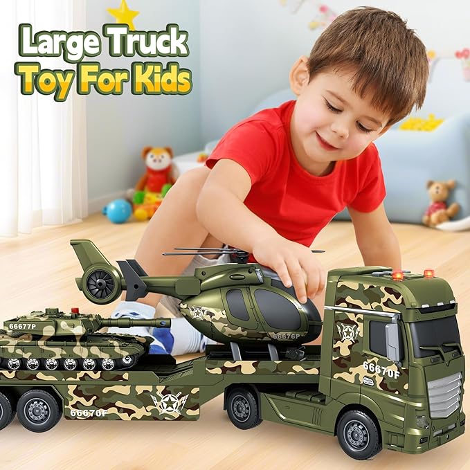 Toddler Boy Toys for 3 4 5 6 7 Years Kids, 25" Semi Army Truck Toy with Helicopters and Tank, Friction Powered Military Toys with Lights and Sounds, Birthday for Boy Girls