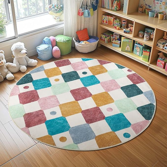 jinchan Round Rug 4ft Kids Washable Rug Colorful Trellis Indoor Floor Cover Non Slip Soft Modern Living Room Diamond Carpet for Nursery Room Bedroom Playroom Confetti on Cream