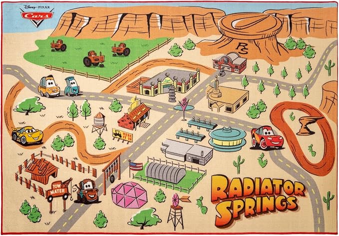 Gertmenian Disney Pixar Cars Indoor Game Rug - 4x6 Large, Non-Slip, Ideal for Children in Bedroom, Game Room, Classroom, Nursery, or Play Area - Radiator Springs Playmat, Multi/Tan, 31201