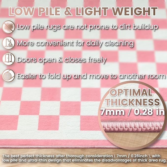 Washable 4x6 Checkered Area Rug for Living Room, Pink Checkerboard Modern Boho Large Rugs, Ultra Thin Low Pile Lightweight Soft Indoor Carpet with Non-Slip Backing for Bedroom Kids Nursery Play Room