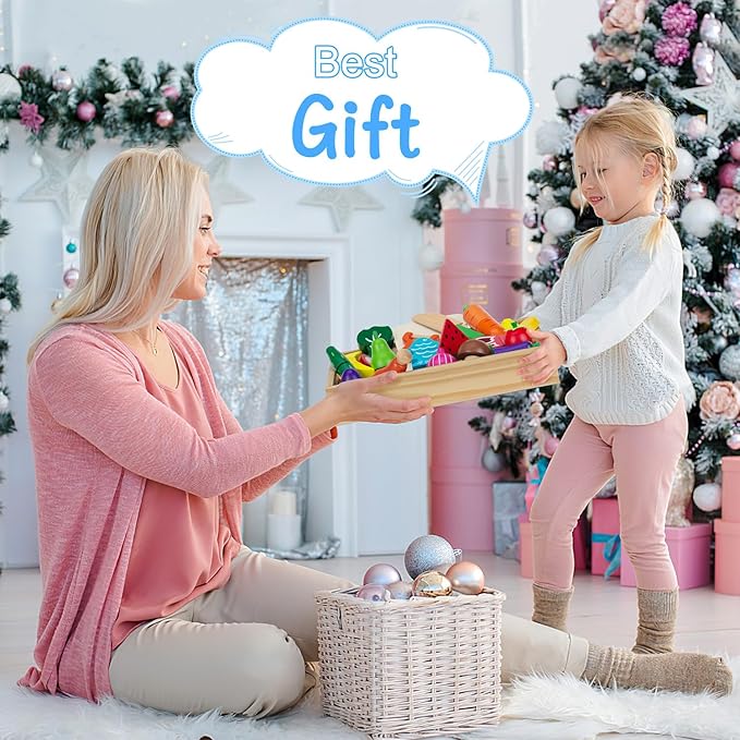 Wooden Play Food Sets for Kids Kitchen Fake Food Cutting Fruits Vegetables and Meat Pretend Play Toddler Toys Food Montessori Toys for 3 4 5 6 7 Years Old Gifts for Boys and Girls