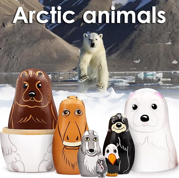 Wooden Animal Nesting Dolls Set of 7 pcs - Matryoshka Polar Animals Figurines - North American Animals Alaska Souvenirs