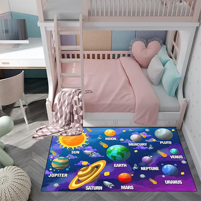 Universe Planet Area Rugs Outer Space Rugs for Boys Bedroom Educational Sofa Floor Mat Galaxy Solar System Theme Throw Rugs for Indoor Outdoor Carpets Crystal Polyester Mats Oversized, 4'5''×6'