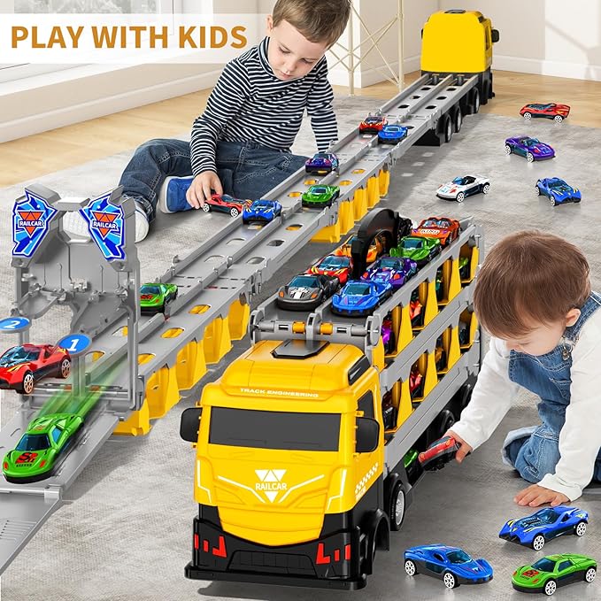 Racing Car Railway Truck Toy for Boys 2 3 4 5 6 7 Years Old - 78.7-inch Transport Carrier Trucks, Foldable Railway Storage, die-cast Car, for Toddlers and Kids Aged 3-5