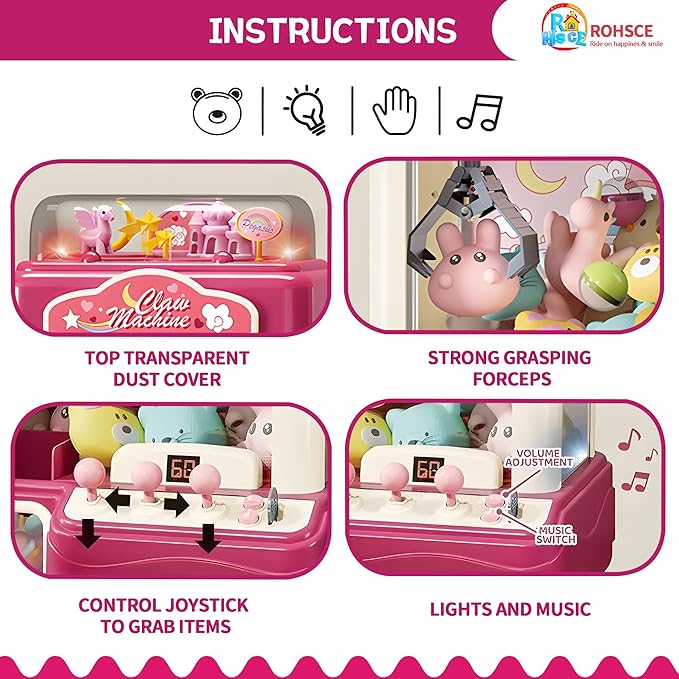 Interactive Claw Toy Arcade Machine with Prizes, Kids Vending Machine with Lights, Music, Plush Toys & Capsules, Mini Claw Machine USB Rechargeable, Birthday Gift for Girls Ages 4-12