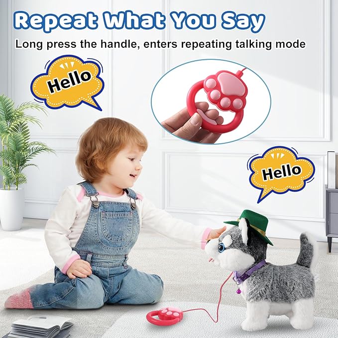 Walking Husky Barking Dog Toy for Child Kid Licking Talking Dog with Leash, Interactive Puppy that Barks Tail Wagging Plush Robot Dog Singing Electric Pet Pretend Dog Dress Up Christmas Boy Girl Gift