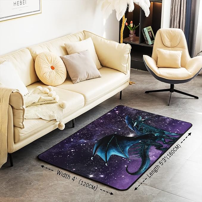 Erosebridal Dragon Rug, Purple Nebula Area Rug 4x5, Mysterious Outer Space Trippy Carpet for Kids Boys Girls Teens, Safari Wildlife Animals Non Slip Decorative Rug for Bedroom