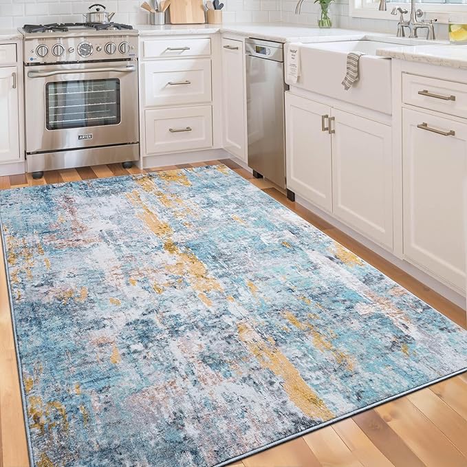 Entryway Rug 3x5 Blue Bedroom Area Rug Washable Non Slip Abstract Boho Rugs for Indoor Entry, Kitchen, Classroom, Bathroom, Kids Girls Room, Office, College Dorm Small Carpet