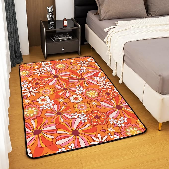 Erosebridal Colorful Groovy Flowers Area Rug 5'x6'6'' Hippie Retro Aesthetic Floral Carpet for Girls Teen Women Trippy Vintage Hippy Botanical Decorative Rug Abstract Funky Non Slip Rug