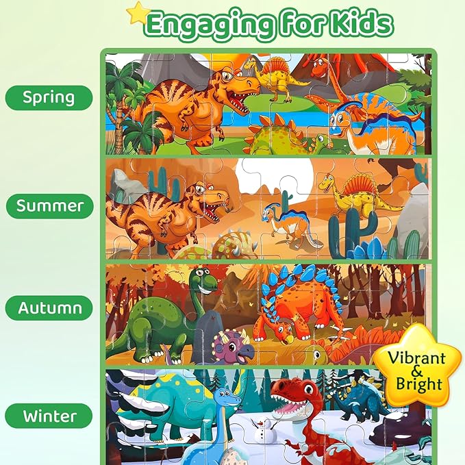 4 Pack Dinosaur Wooden Puzzles for Kids Ages 3-8 - 24-Piece Toddler Puzzles with Seasons - Educational Montessori Dino Toys for Boys Girls - Birthday Christmas Easter Gift for Kids 3 4 5 6 7 Year Old