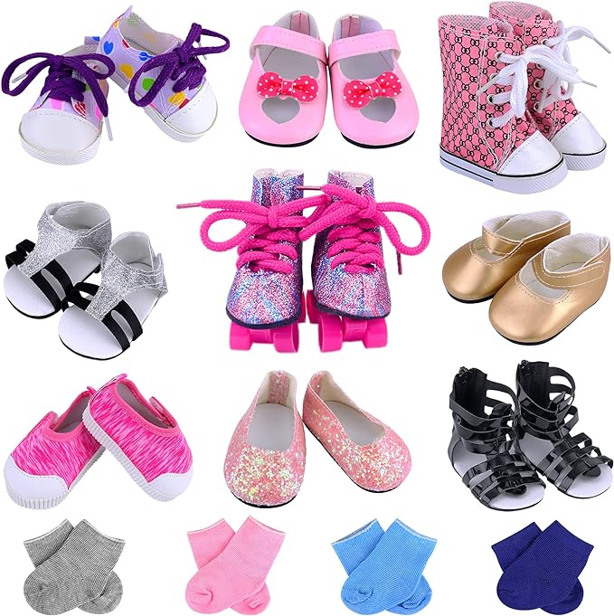 Ecore Fun 18 Inch Girl Doll Accessories - 9 Pairs of Shoes & 4 Pairs of Colorful Socks