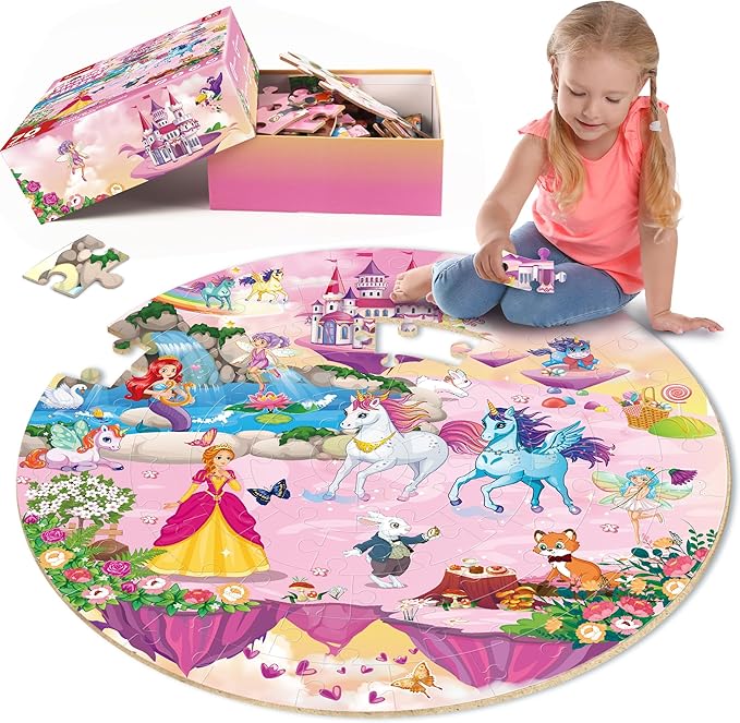 SYNARRY Unicorn Princess Mermaid Fairy Floor Puzzle for Kids Ages 3-5, Large 70 Piece Wooden Puzzle for Kids Ages 4-6, Preschool Toys Gifts for 3 4 5 6 7 8 Years Old Boys Girls Children