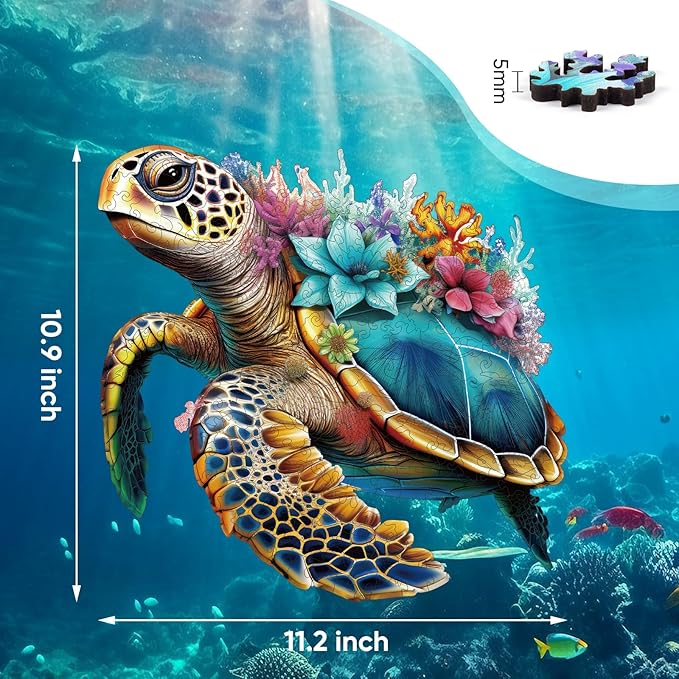 Wooden Puzzles for Adults, Coral Sea Turtle Jigsaw Puzzles 200 Piece, Unique Shape Puzzles for Adults and Kids, Fun Challenging Puzzles Family Game Gift, Medium Size 11.2 x 10.9 Inches