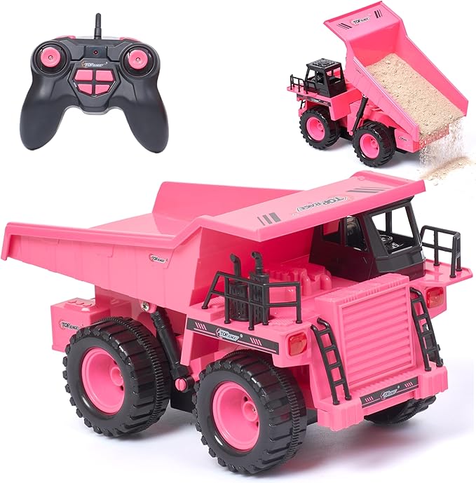 Top Race Remote Control Dump Truck - Pink - 4WD RC Dump Truck with Interactive Lifting Bed, Realistic Design, Powerful Engine, and Durable Non-Toxic Plastic Build for Safe and Fun Play