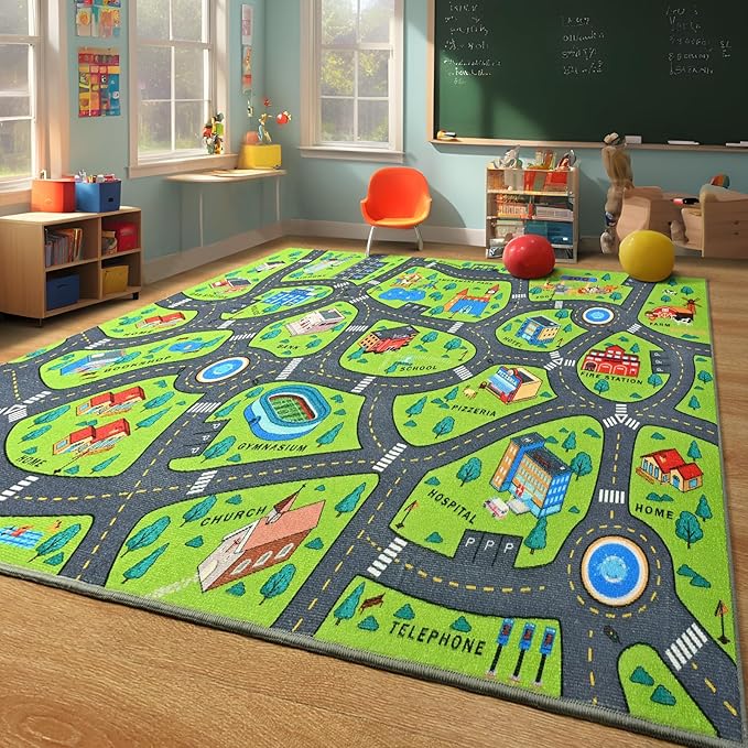 Merelax 4x6 Kids Car Rug Green Grey Area Rugs for Living Room Playroom Classroom Bedroom, Non Slip Kids Play mat Washable Rug, Educational City Traffic Road Map Fun Car Carpet for Ages 3-12