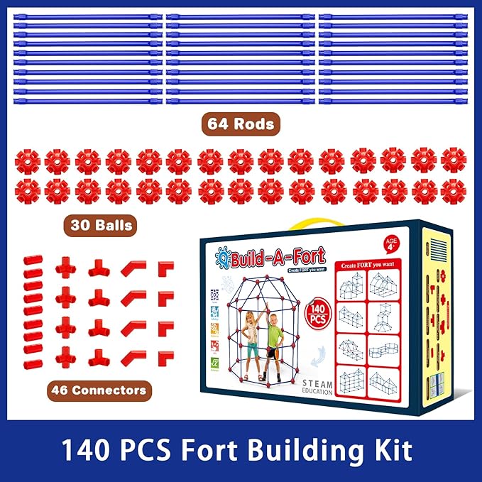 V-Opitos Fort Building Kits for Kids, 140 PCS STEM Construction Toys, Christmas, Birthday Gifts for 4, 5, 6, 7, 8, 9, 10, 11, 12 Years Old Boys & Girls, Indoor & Outdoor Play Tent Activity