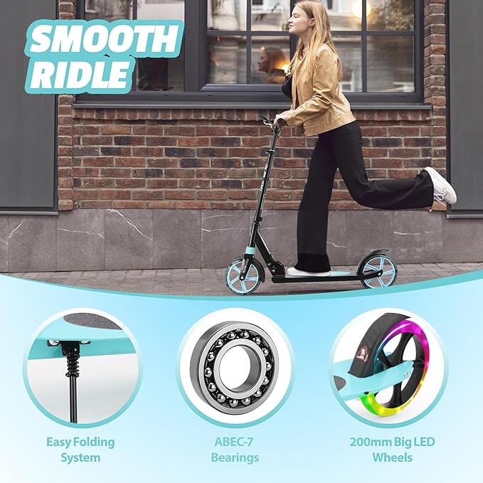 Scooter for Kids Ages 8+ Teens & Adults, Lightweight Kick Scooter with Carry Strap Adjustable Height Equipped with Front handbrake and Rear Brake, Big Sturdy PU Flash Wheels Great Gift & Toy