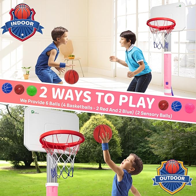 Toddler Basketball Hoop with Adjustable Height (27.6" to 54.4") – Kids Basketball Hoop Including 4 Basketballs, 2 Sensory Balls, Stickers & Inflator – Indoor/Outdoor Play for Ages 3-12