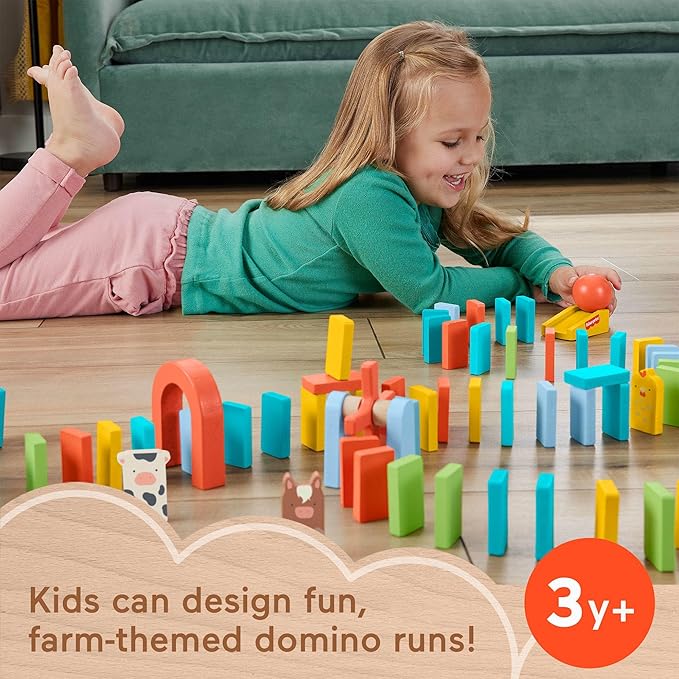 Fisher-Price Wood Preschool Game Domino Run Playset, 72-Piece Wooden Building Set for Kids Ages 3+ Years