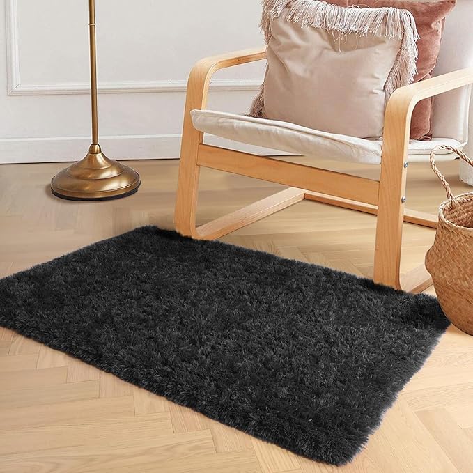 PAGISOFE Black Machine Washable Area Rugs for Bedroom,2x3 Small Fluffy Boys Rug, Soft Thick Rugs for Kids Room,Plush Shag Carpet,Accent Throw Rugs, Home Decor Aesthetic Indoor Bedside Rug Nursery