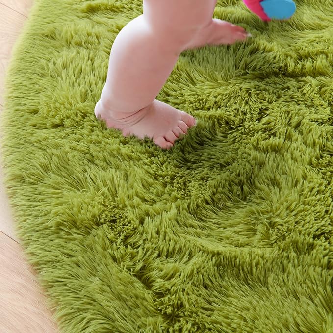 junovo Round Rug, 4ft, Green, Soft Area Rugs for Kids Girls Room Decor, Fluffy Shaggy Carpet, Circular Nursery Rug for Baby Room Home Decor