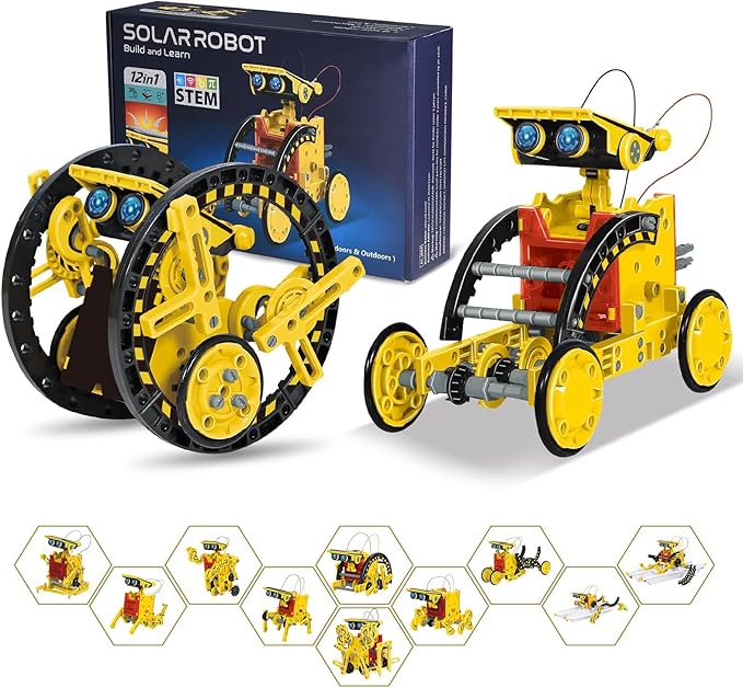 Solar Robot Kit for Kids Age 8-12, STEM Building Toys,12-in-1 Build Your Own Robot with Solar Panel & Battery Power, Science Engineering Christmas Birthday Idea Gifts for Boy Age 8 9 10 11 12